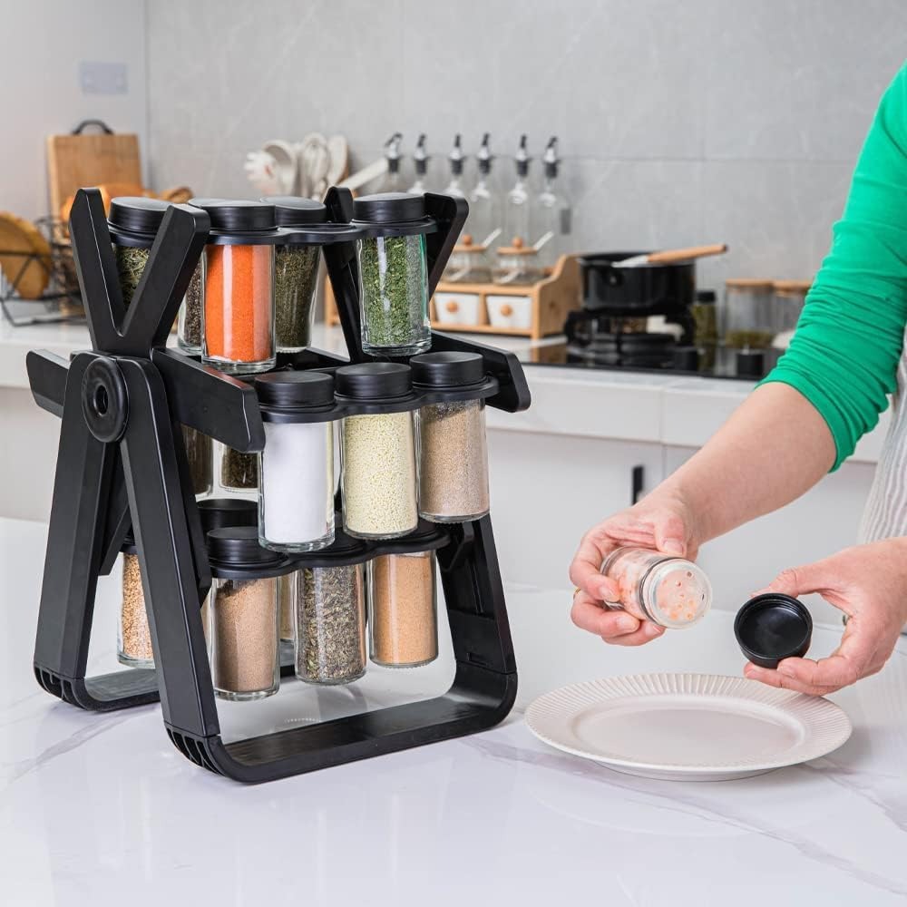 360° Rotating Spice Rack Organizer – 16 Lead-Free Glass Jars with Sprinkle Lids | Countertop Kitchen Storage – UAE